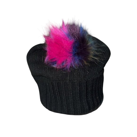 Black Knit Beanie With Multicolor Faux Fur Pom & Heart Accent One Size Womens - Picture 5 of 7